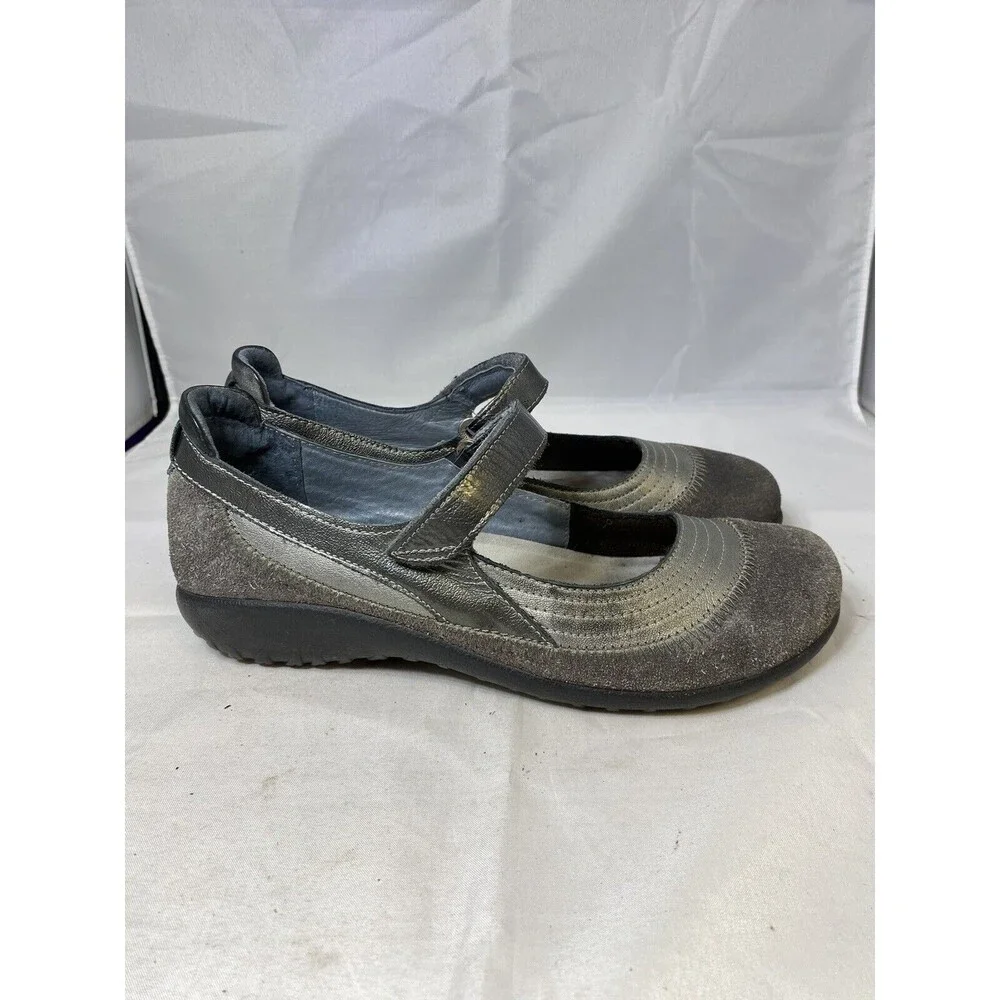 NAOT Kirie Gray Suede & Leather Mary Janes W/ Adjustable Straps Women's sz 39/8